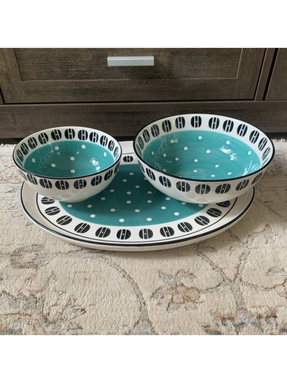 Signature Housewares Turquoise Polka Dot Stoneware Serving Bowls Platter Set 3